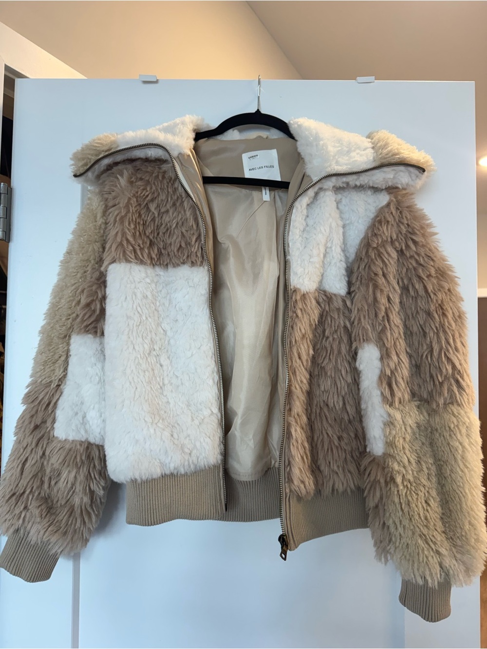 Avec Les Filles Colorblock Teddy Jacket in Cream and Tan